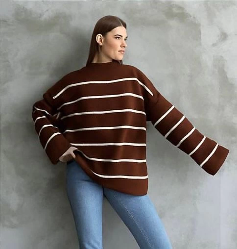 Çizgili İspanyol Kol Triko Boğazlı Kazak Kahve