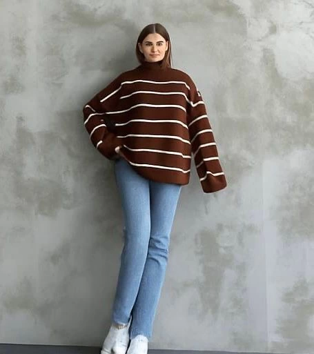 Çizgili İspanyol Kol Triko Boğazlı Kazak Kahve