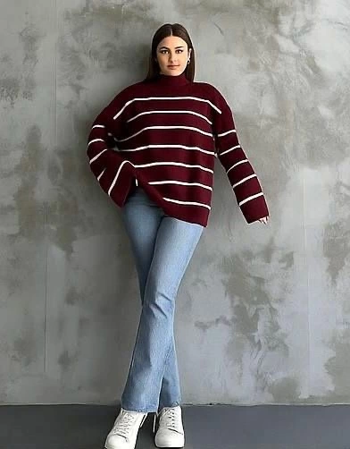 Çizgili İspanyol Kol Triko Boğazlı Kazak Kahve