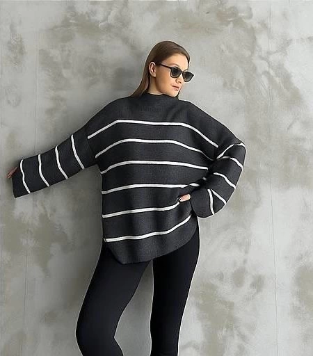 Çizgili İspanyol Kol Triko Boğazlı Kazak Antrasit