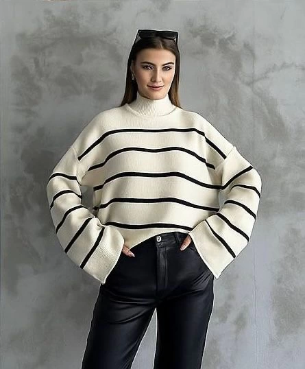 Çizgili İspanyol Kol Triko Boğazlı Kazak Beyaz