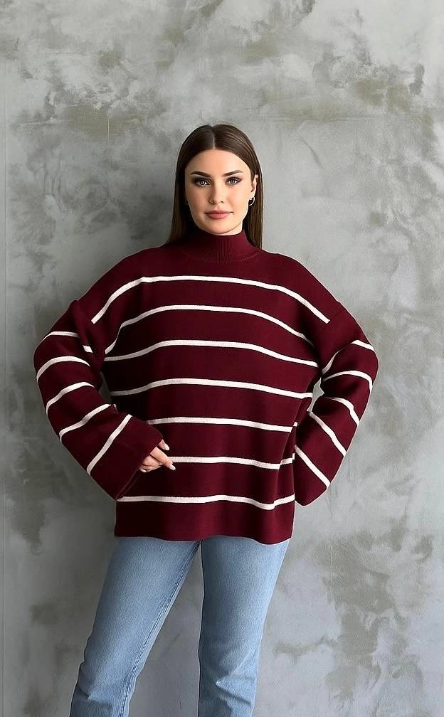 Çizgili İspanyol Kol Triko Boğazlı Kazak Bordo