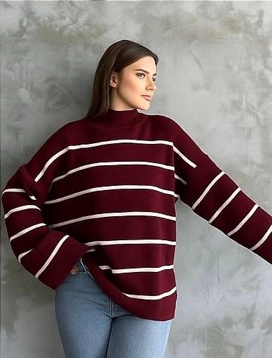Çizgili İspanyol Kol Triko Boğazlı Kazak Bordo