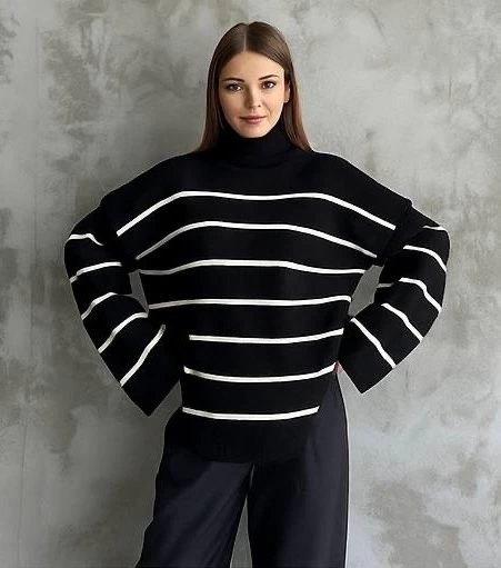 Çizgili İspanyol Kol Triko Boğazlı Kazak Siyah