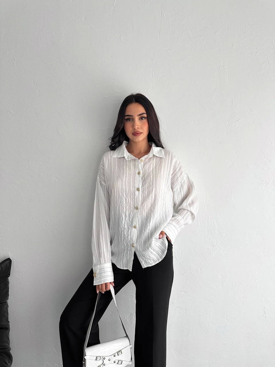 Çizgili Oversize Gömlek Beyaz