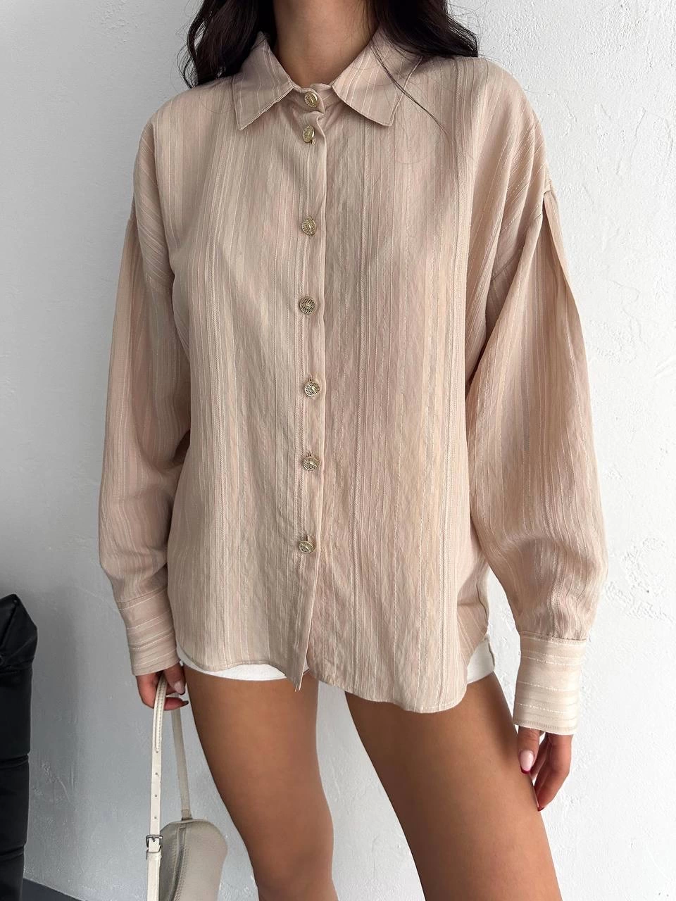 Çizgili Oversize Gömlek Bej