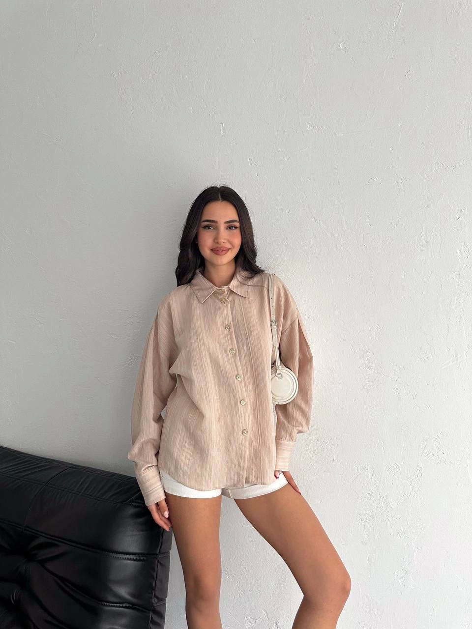 Çizgili Oversize Gömlek Bej