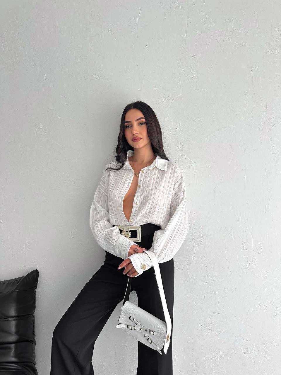 Çizgili Oversize Gömlek Beyaz