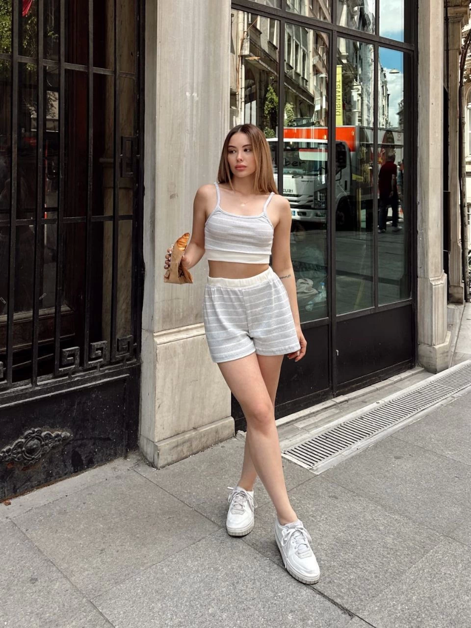 Striped Shorts Suit Gray