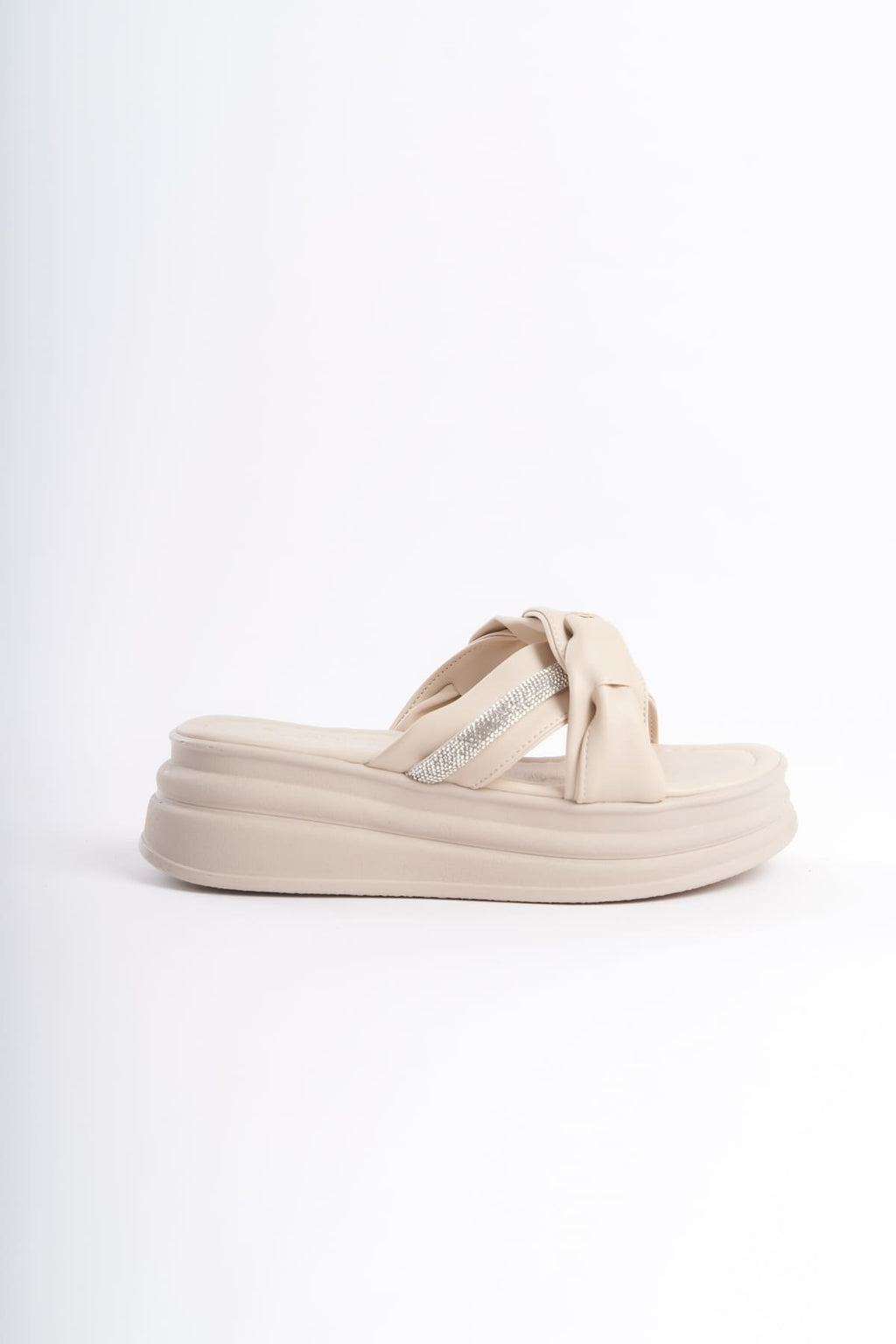 CLARA Thick Heeled Ribbon Patterned Stoned Women's Slippers - Cream