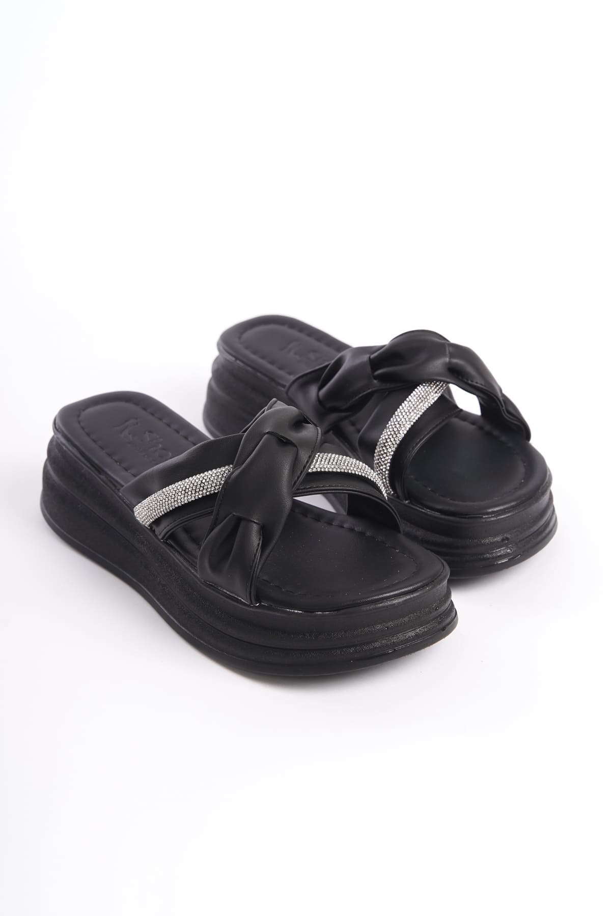 CLARA Thick Heeled Ribbon Patterned Stoned Women's Slippers - Black