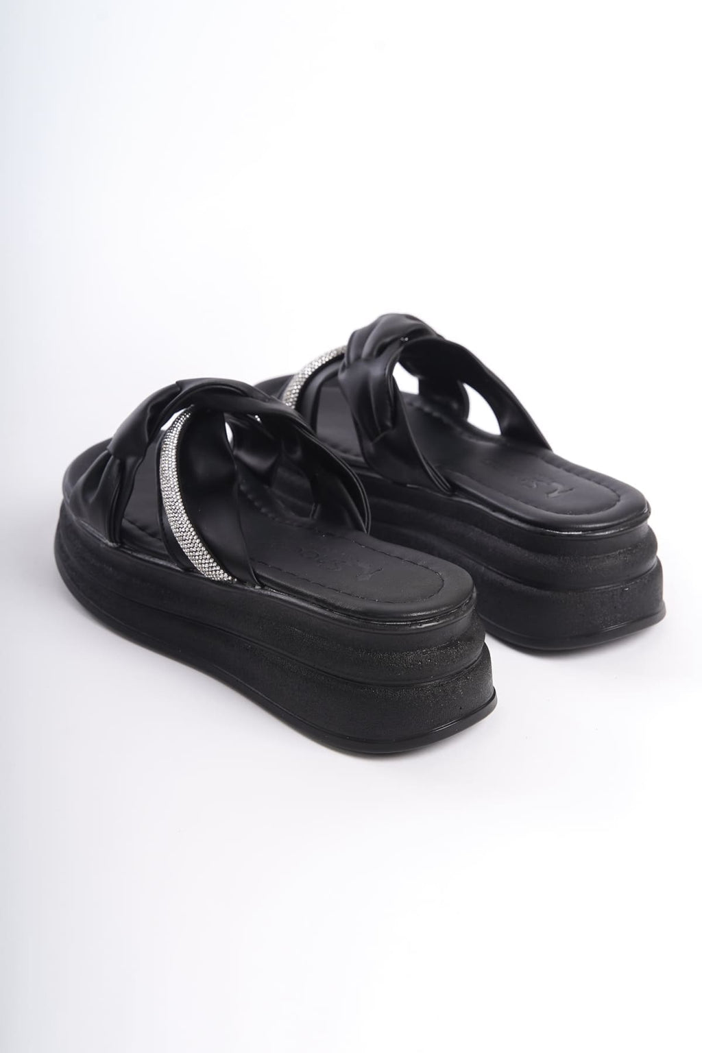 CLARA Thick Heeled Ribbon Patterned Stoned Women's Slippers - Black
