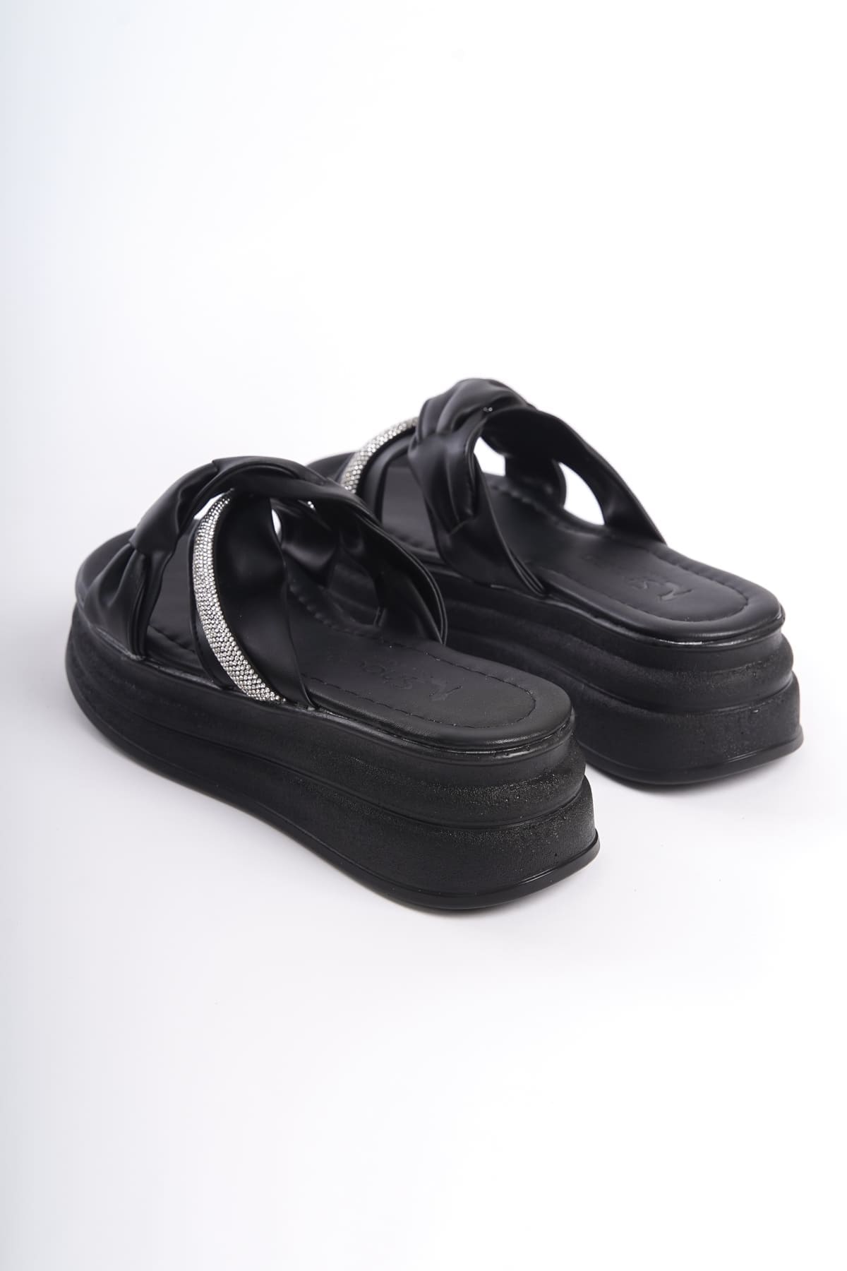 CLARA Thick Heeled Ribbon Patterned Stoned Women's Slippers - Black