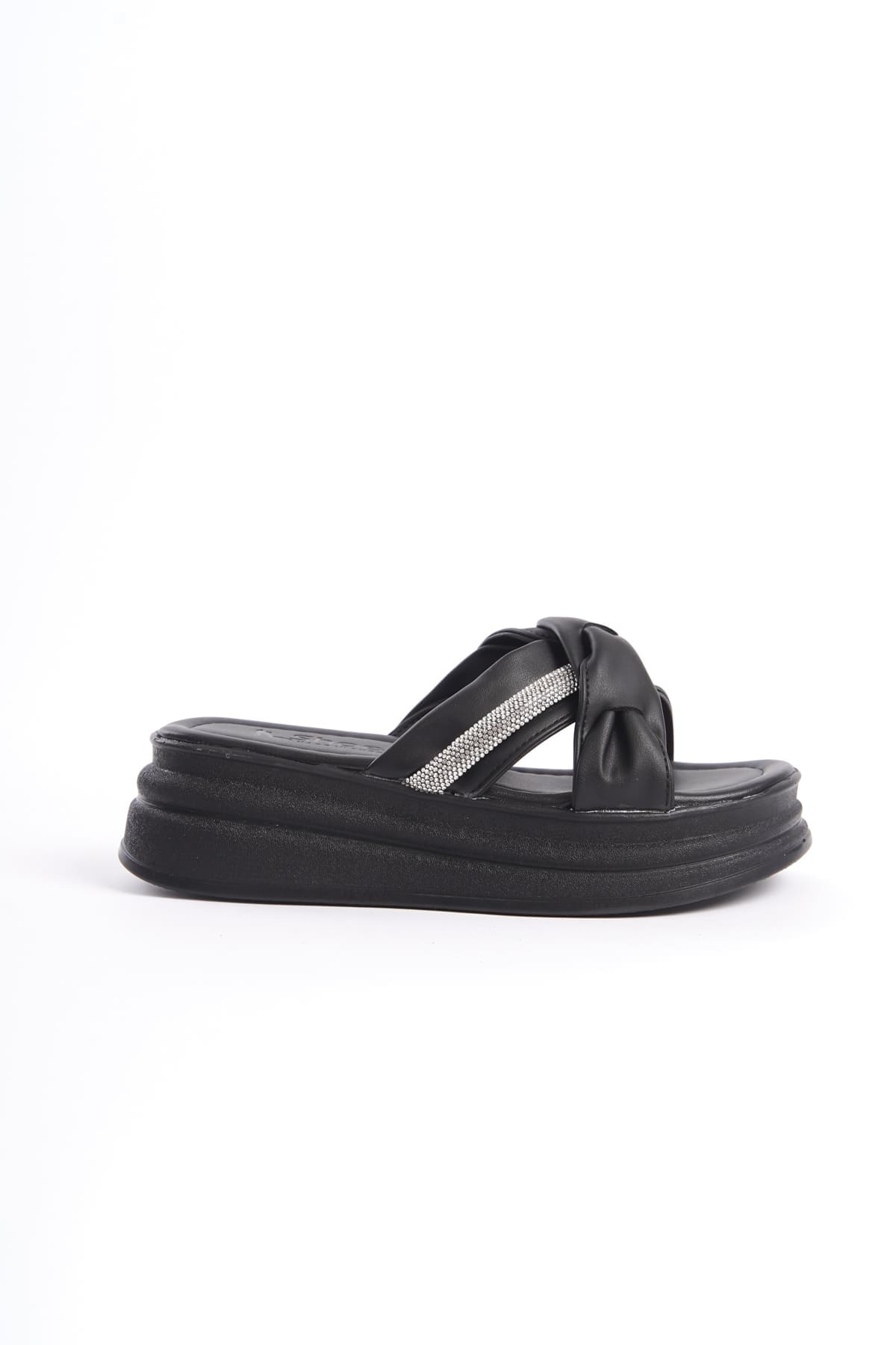 CLARA Thick Heeled Ribbon Patterned Stoned Women's Slippers - Black
