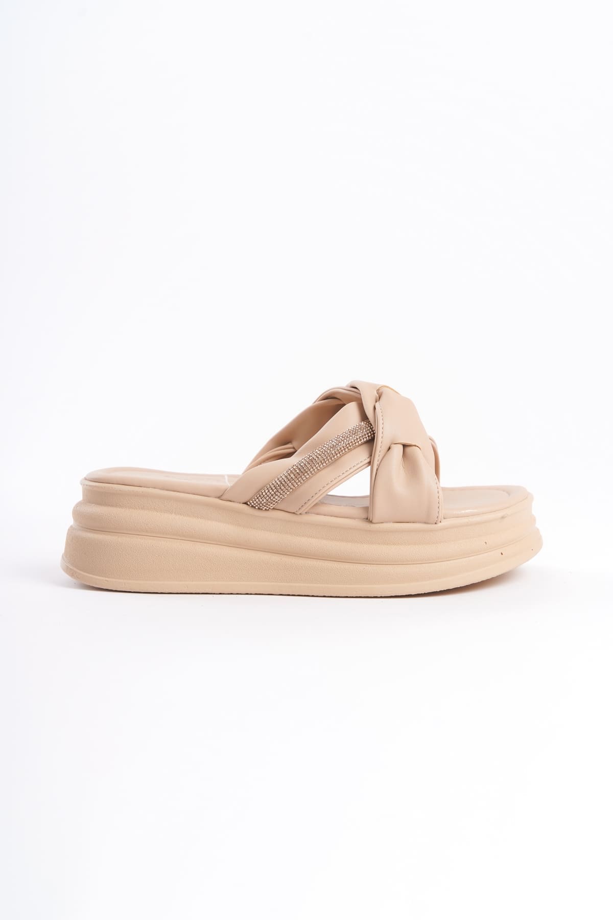 CLARA Thick Heeled Ribbon Patterned Stoned Women's Slippers - Skin