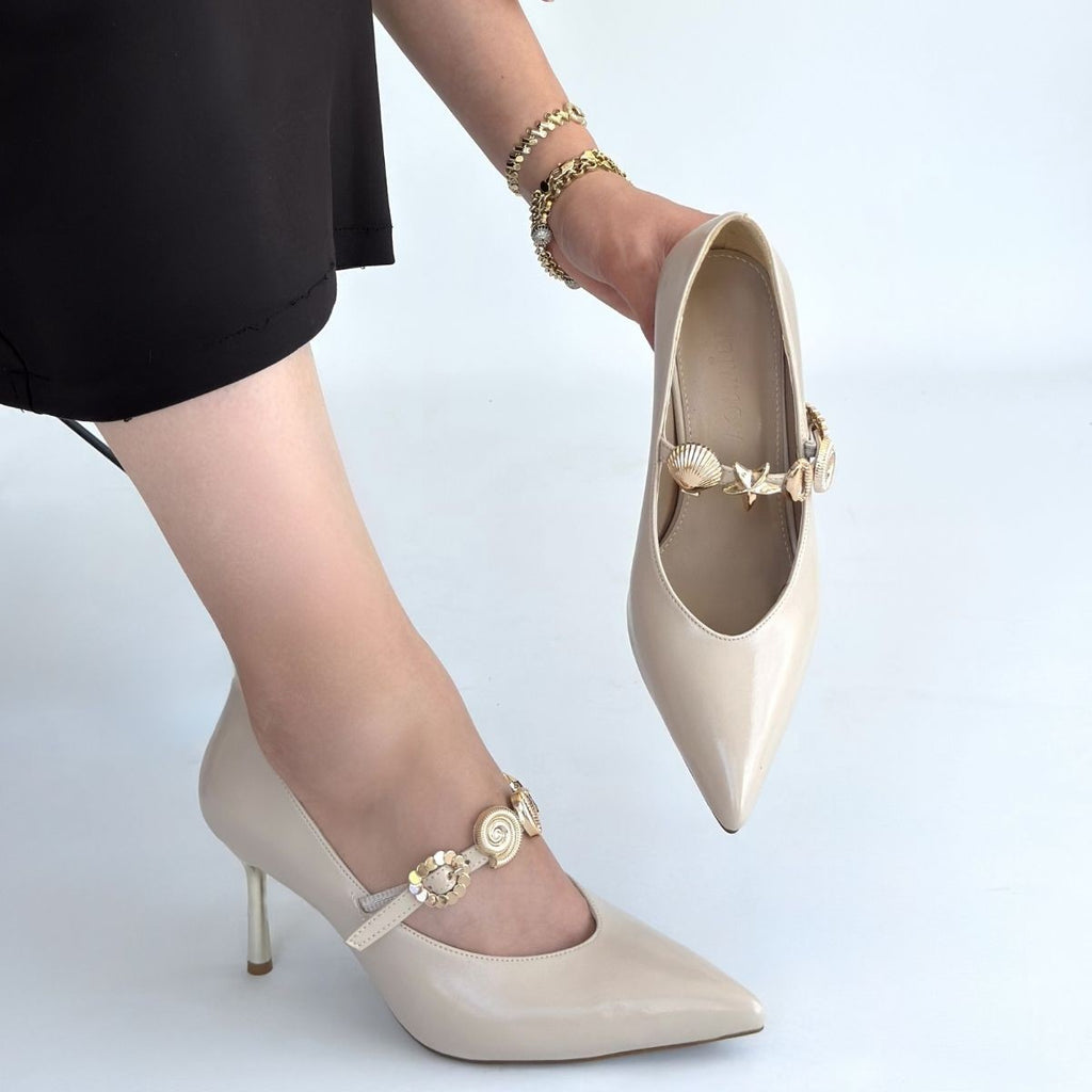 Conne Bej İnce Topuklu Sivri Burunlu Stiletto Ayakkabı 8 cm