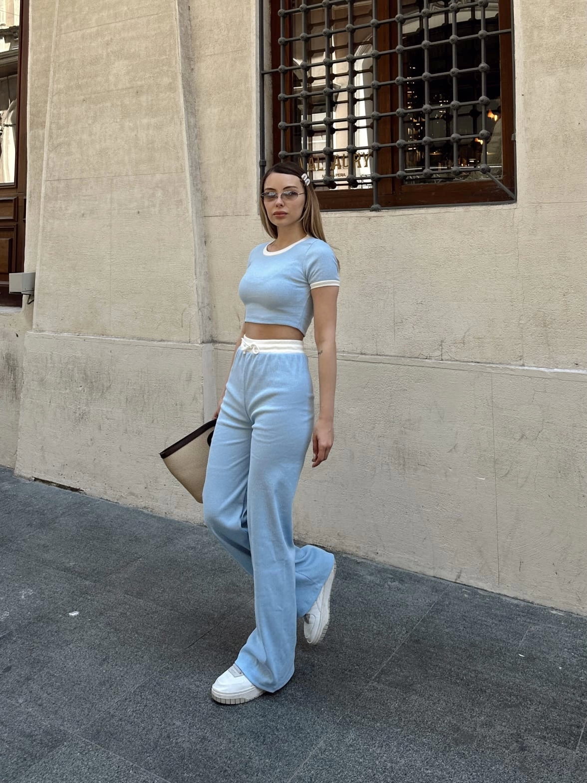 Crop Trousers Piping Bottom Top Set Blue
