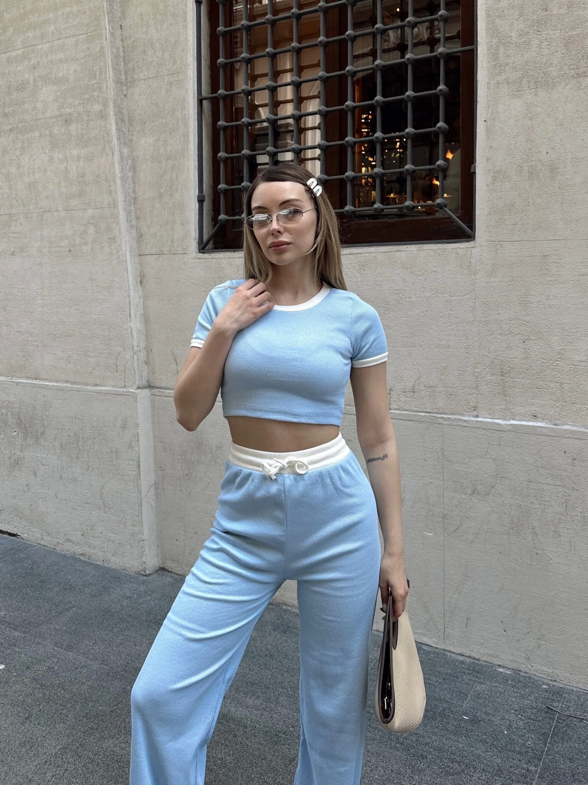 Crop Trousers Piping Bottom Top Set Blue