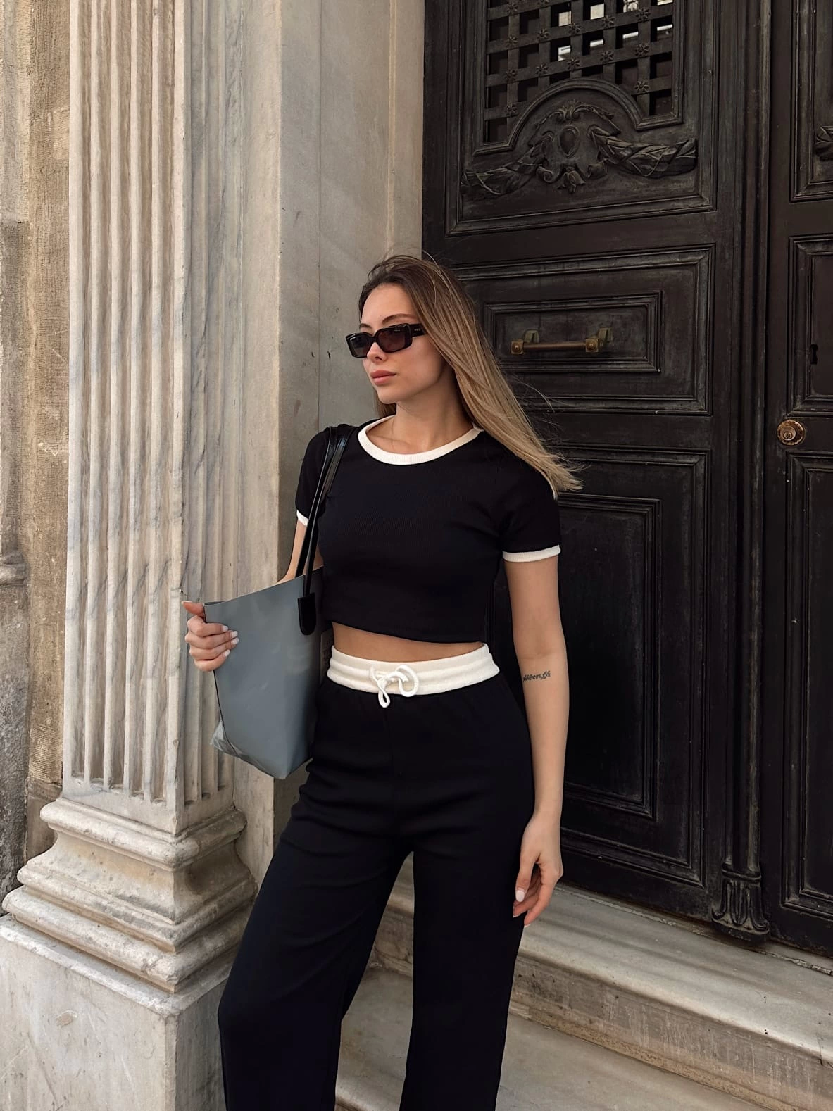 Crop Trousers Piping Bottom Top Set Black