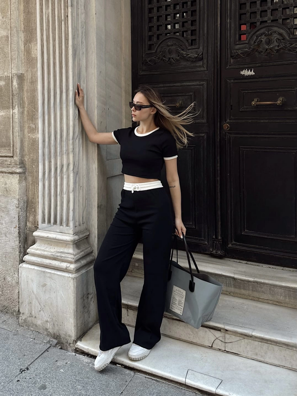 Crop Trousers Piping Bottom Top Set Black