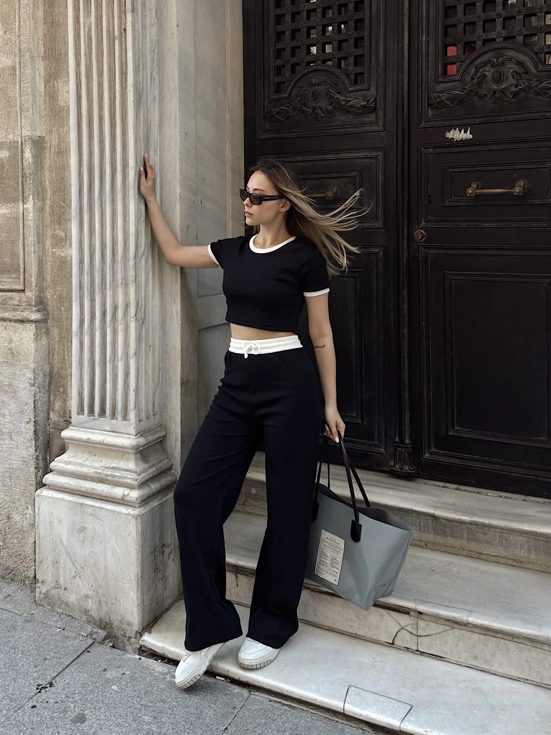 Crop Trousers Piping Bottom Top Set Black