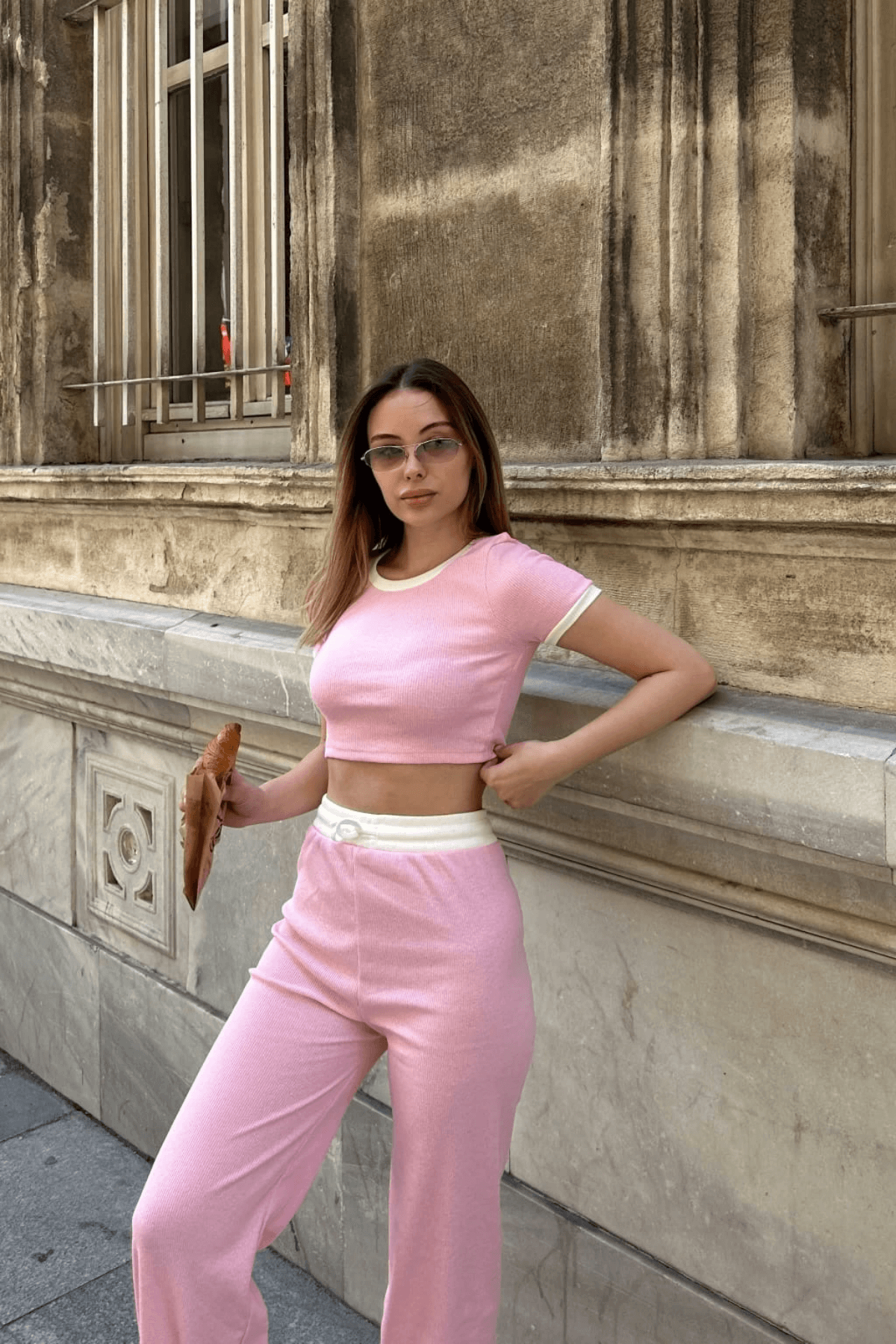 Crop 2-Piece Suit with Bib and Pants Pink