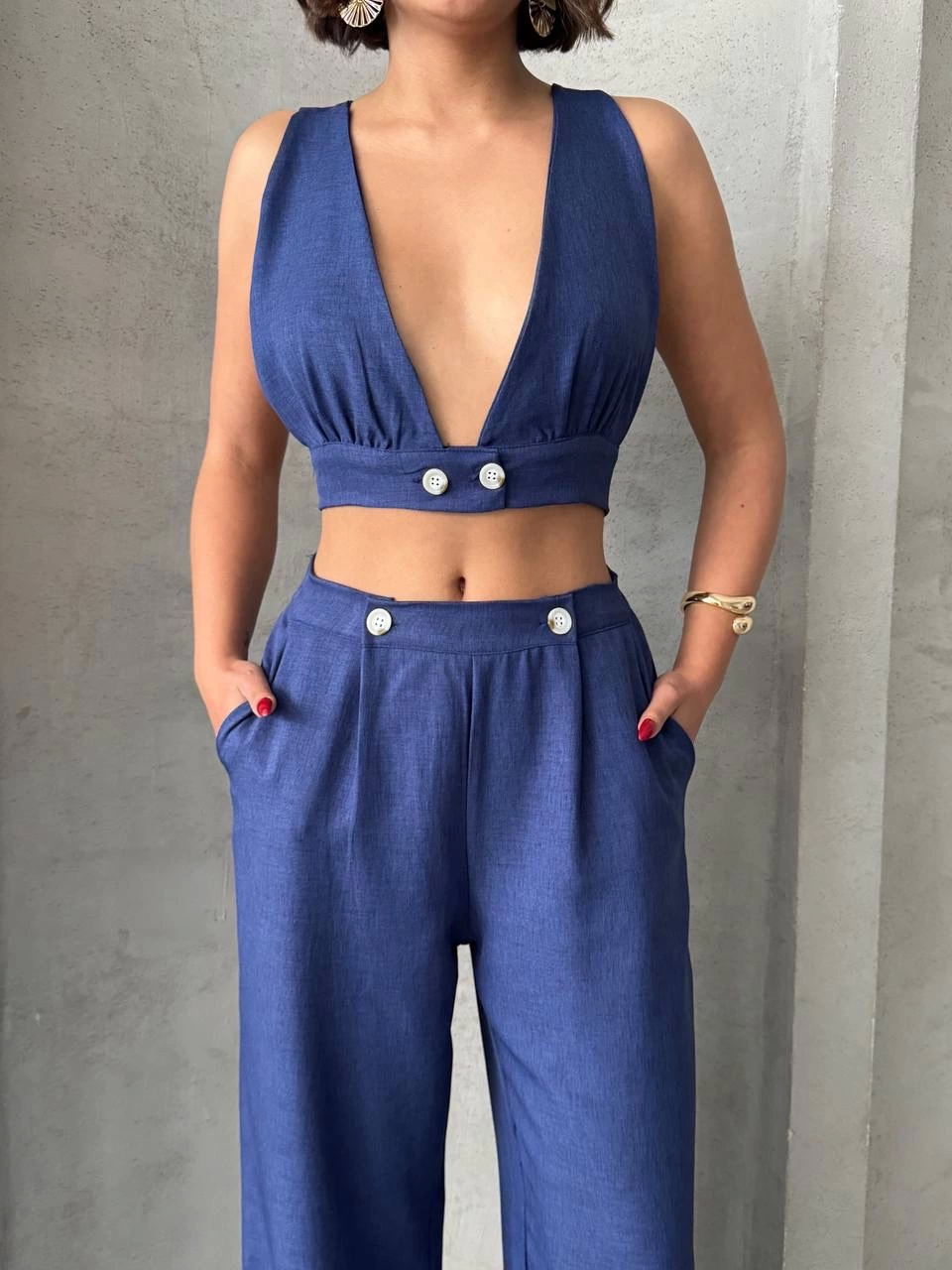 Crop Trouser Linen Suit Navy Blue