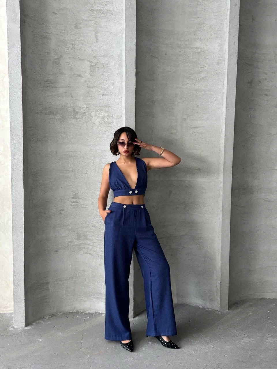 Crop Trouser Linen Suit Navy Blue