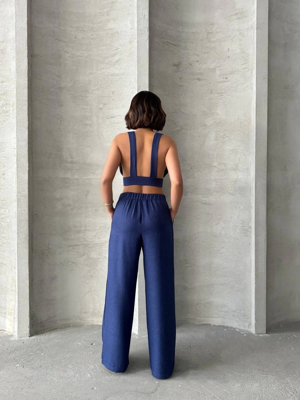 Crop Trouser Linen Suit Navy Blue