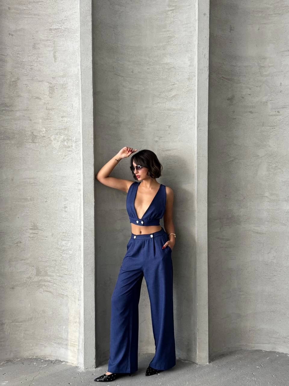 Crop Pantolon Keten Takım Laci