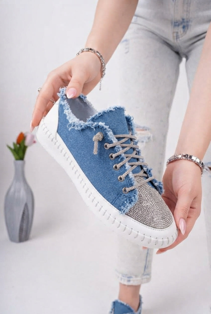 DAMSEL Premium Bağcıklı Taşlı Kadın Günlük Denim Mavi Sneaker Spor Ayakkabı