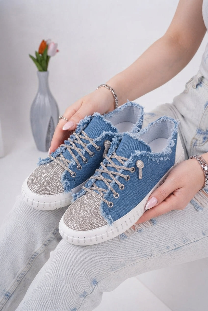 DAMSEL Premium Bağcıklı Taşlı Kadın Günlük Denim Mavi Sneaker Spor Ayakkabı