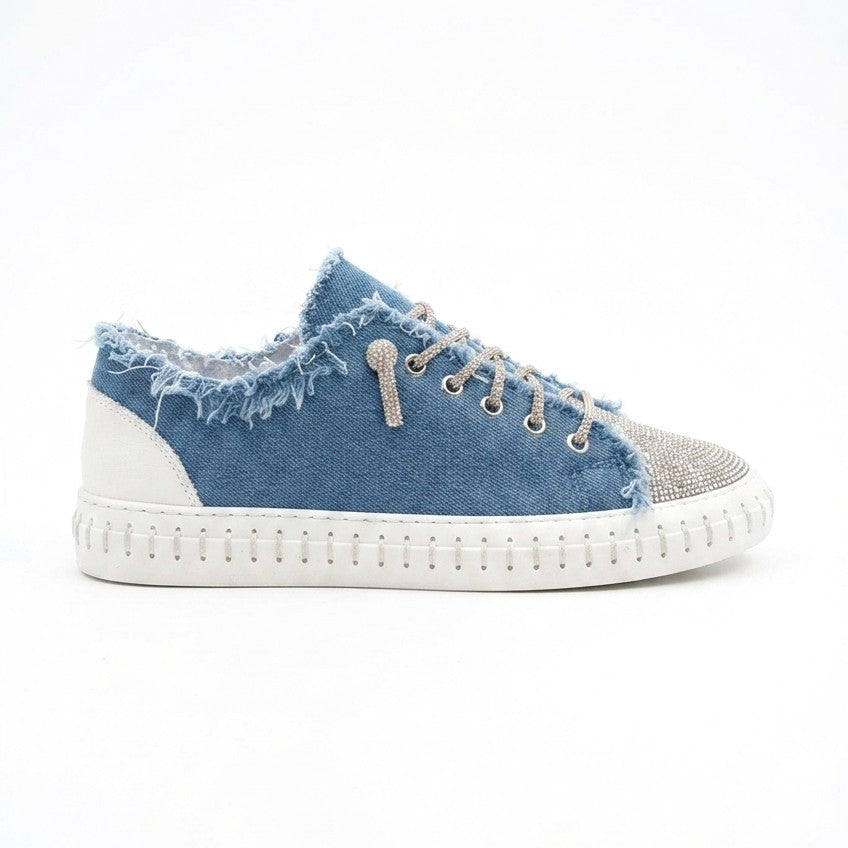 DAMSEL Premium Bağcıklı Taşlı Kadın Günlük Denim Mavi Sneaker Spor Ayakkabı