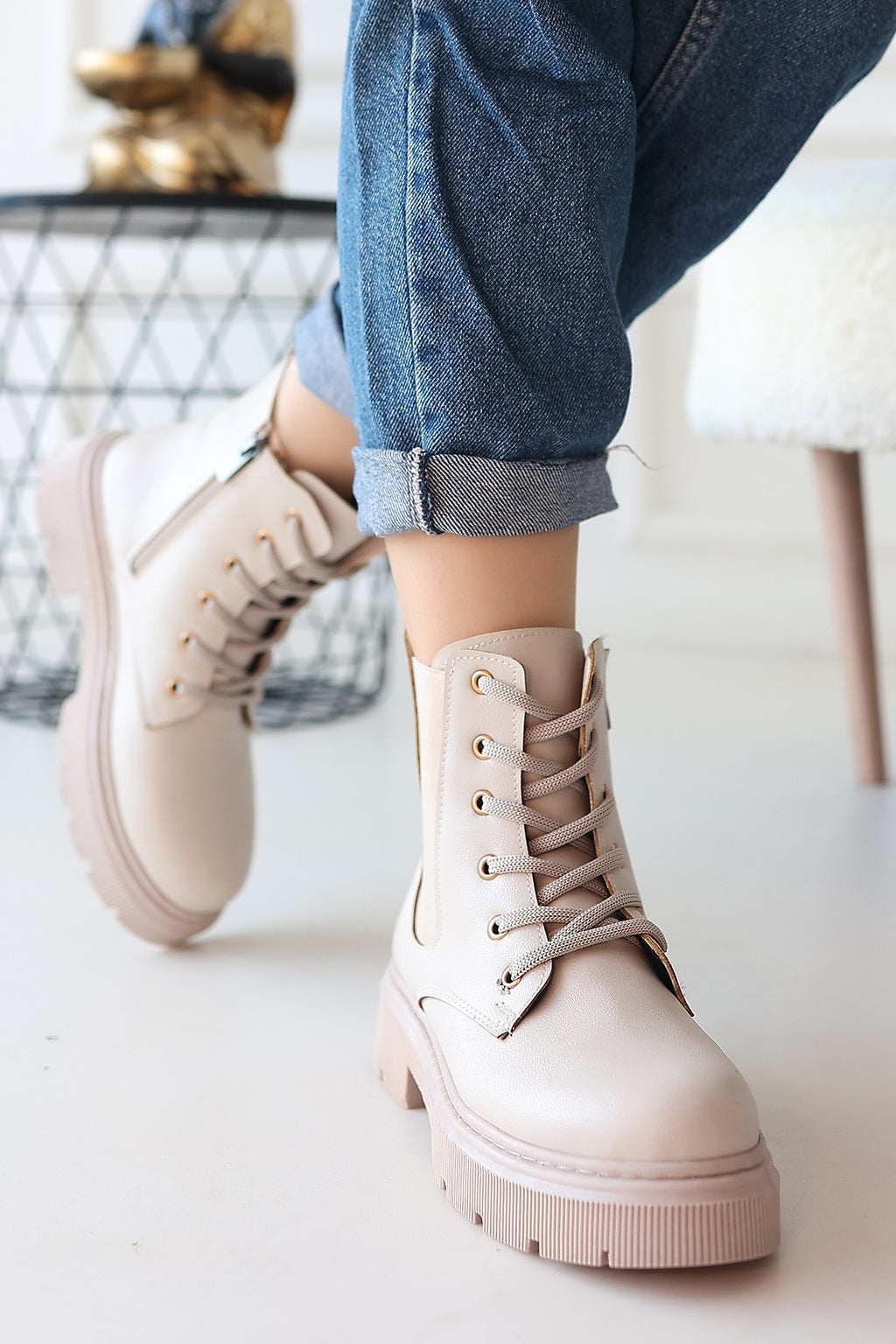 Daum Beige Lace-Up Zippered Women's Boots