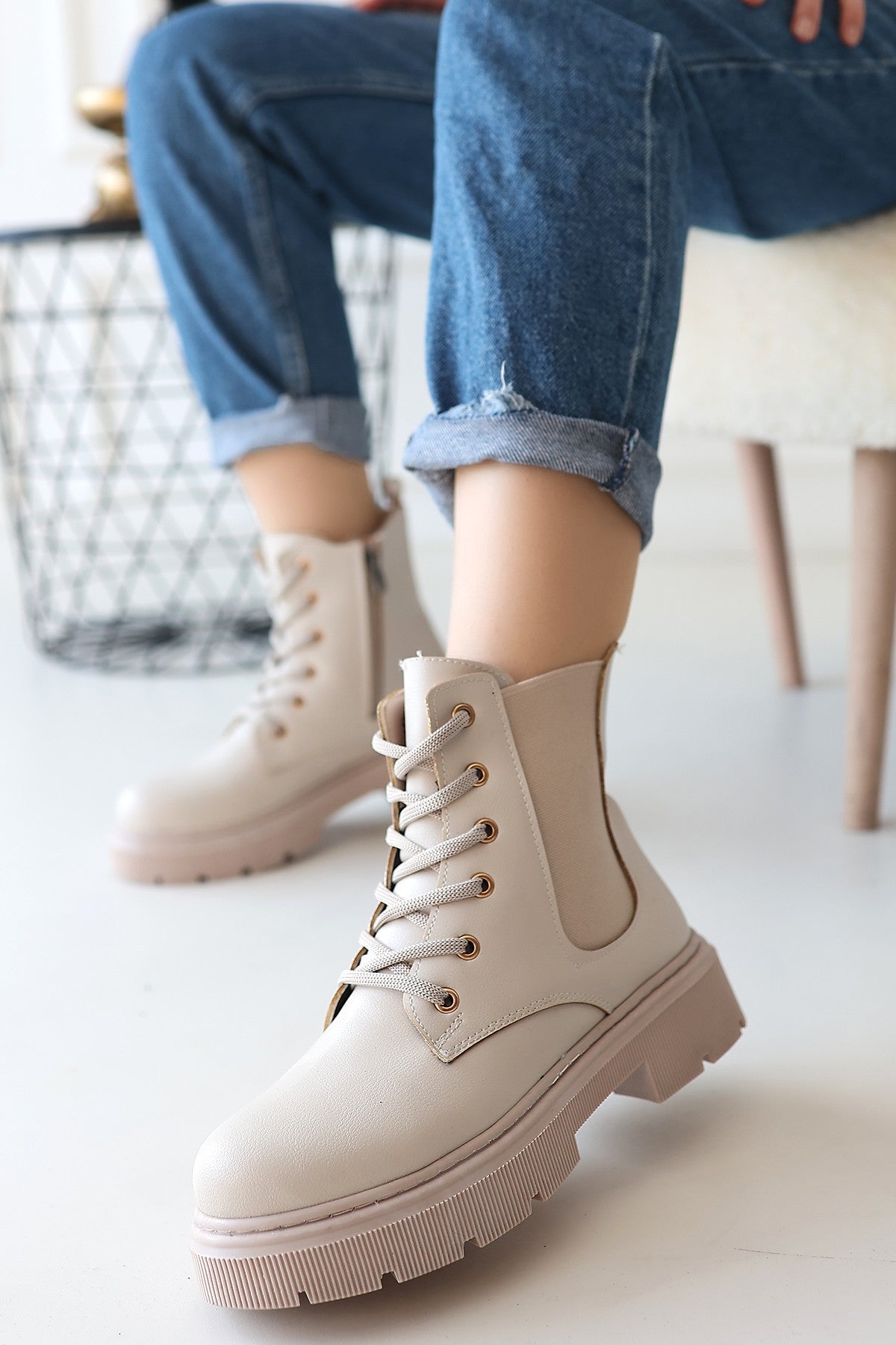Daum Beige Lace-Up Zippered Women's Boots