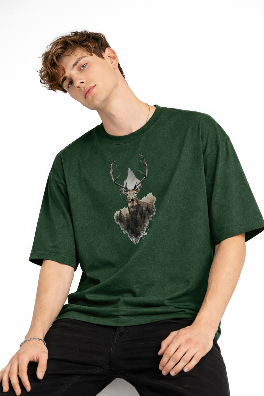 Deer Baskılı - Premium Kumaş Oversize Erkek Tişört Haki