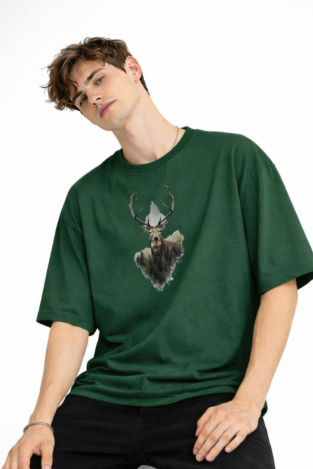 Deer Baskılı - Premium Kumaş Oversize Erkek Tişört Haki
