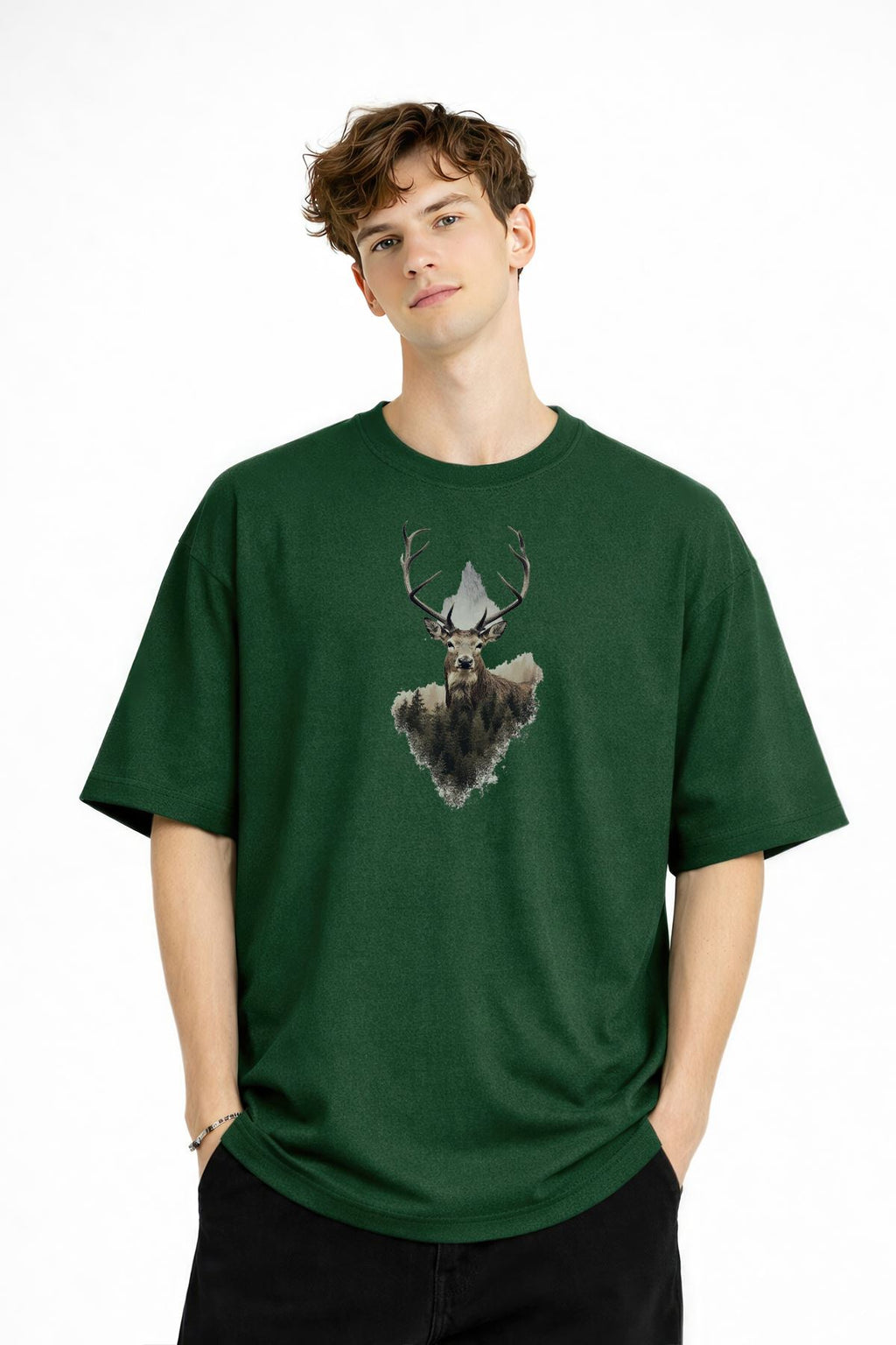 Deer Baskılı - Premium Kumaş Oversize Erkek Tişört Haki