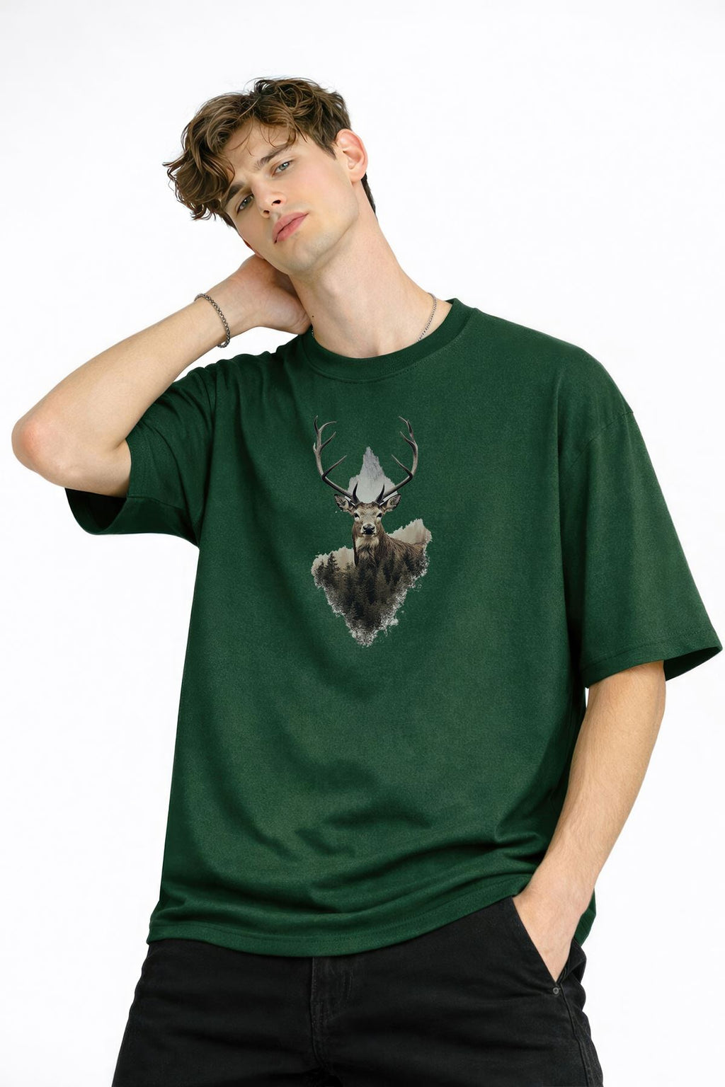 Deer Baskılı - Premium Kumaş Oversize Erkek Tişört Haki