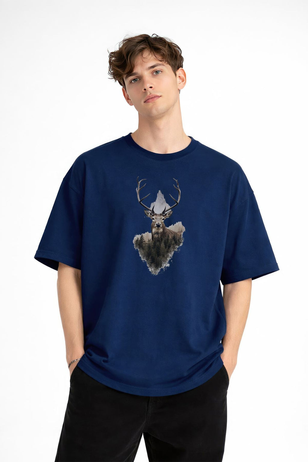 Deer Baskılı - Premium Kumaş Oversize Erkek Tişört Lacivert
