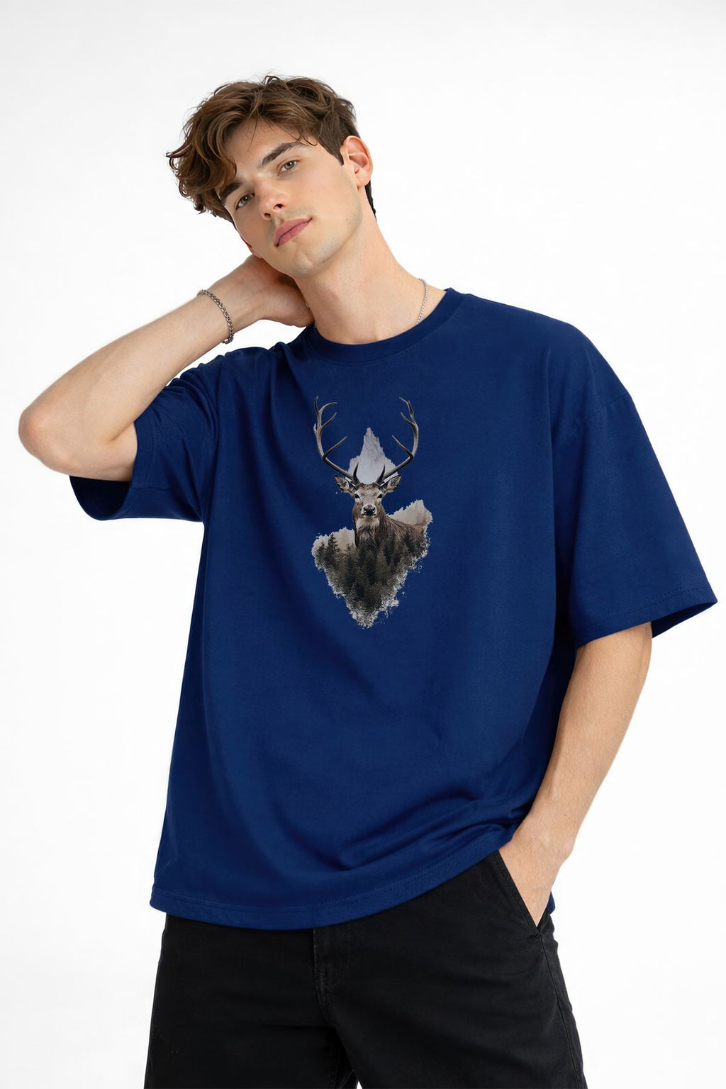 Deer Baskılı - Premium Kumaş Oversize Erkek Tişört Lacivert