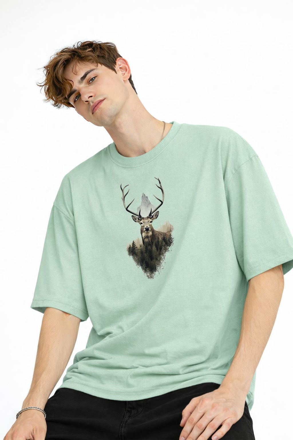 Deer Baskılı - Premium Kumaş Oversize Erkek Tişört Su Yeşili