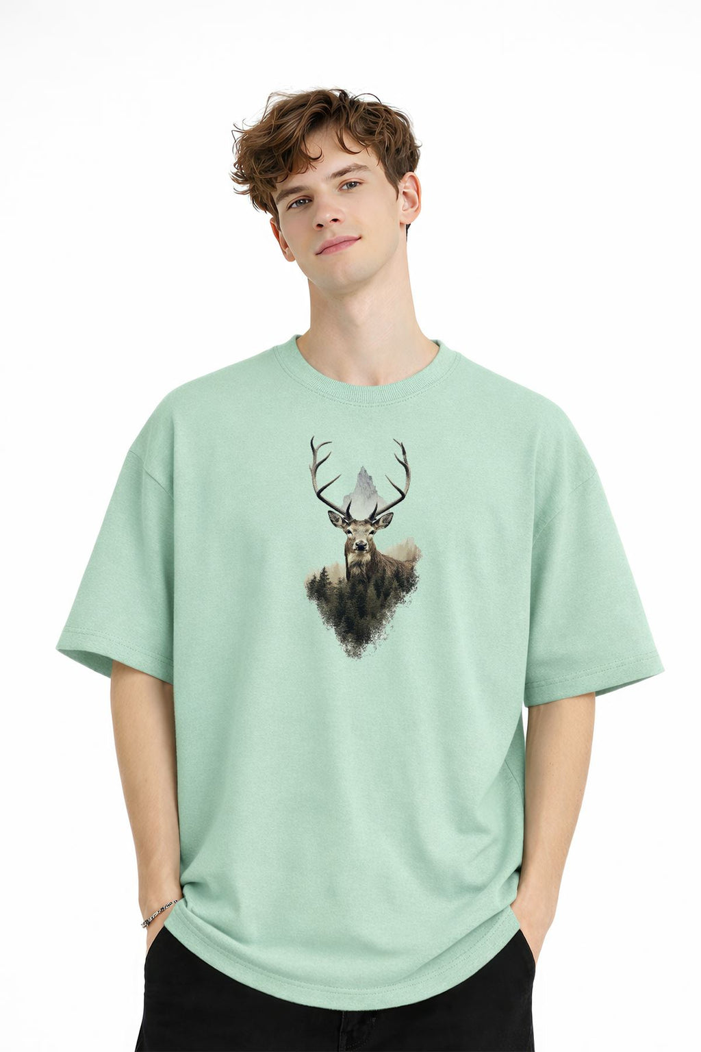 Deer Baskılı - Premium Kumaş Oversize Erkek Tişört Su Yeşili