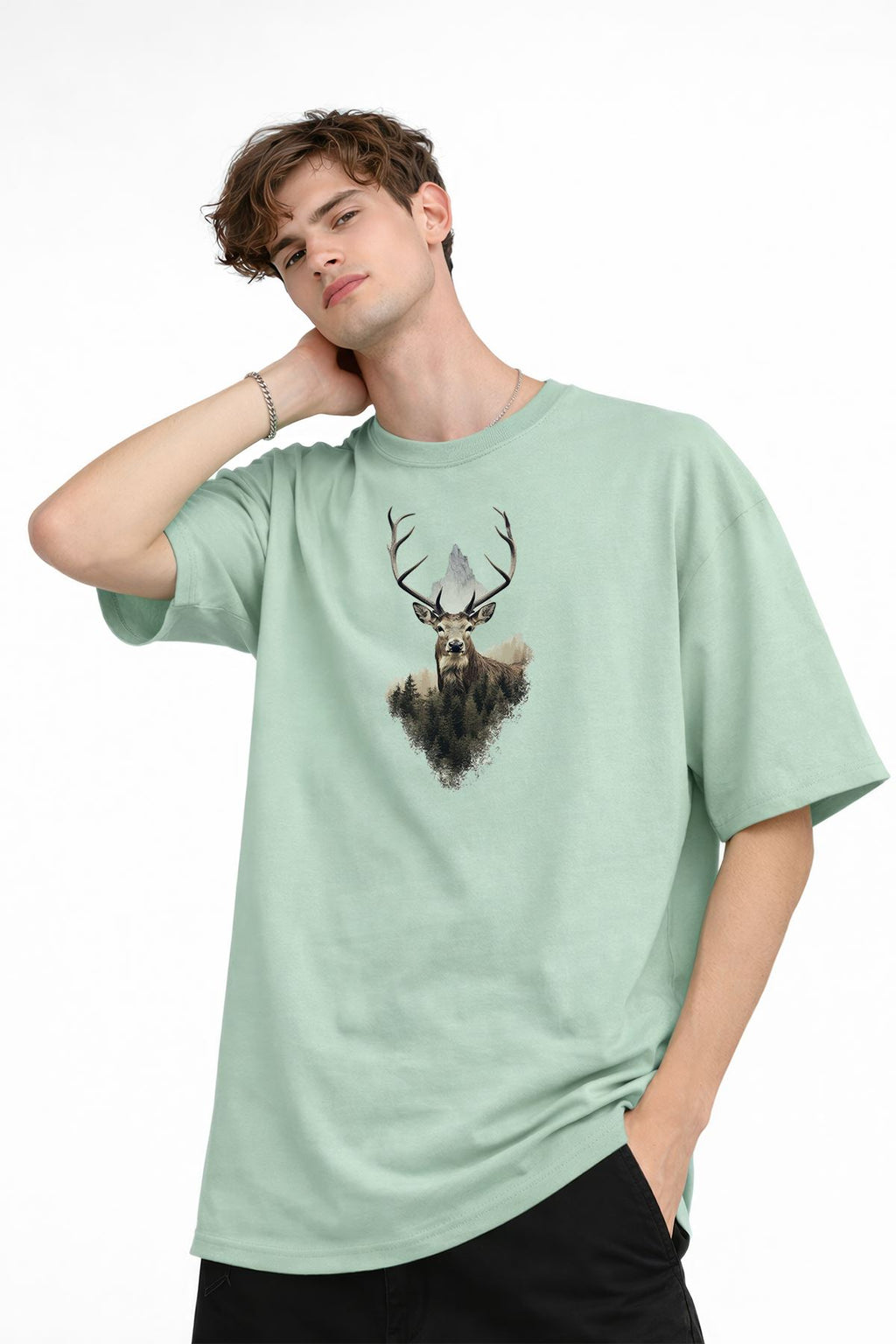 Deer Baskılı - Premium Kumaş Oversize Erkek Tişört Su Yeşili