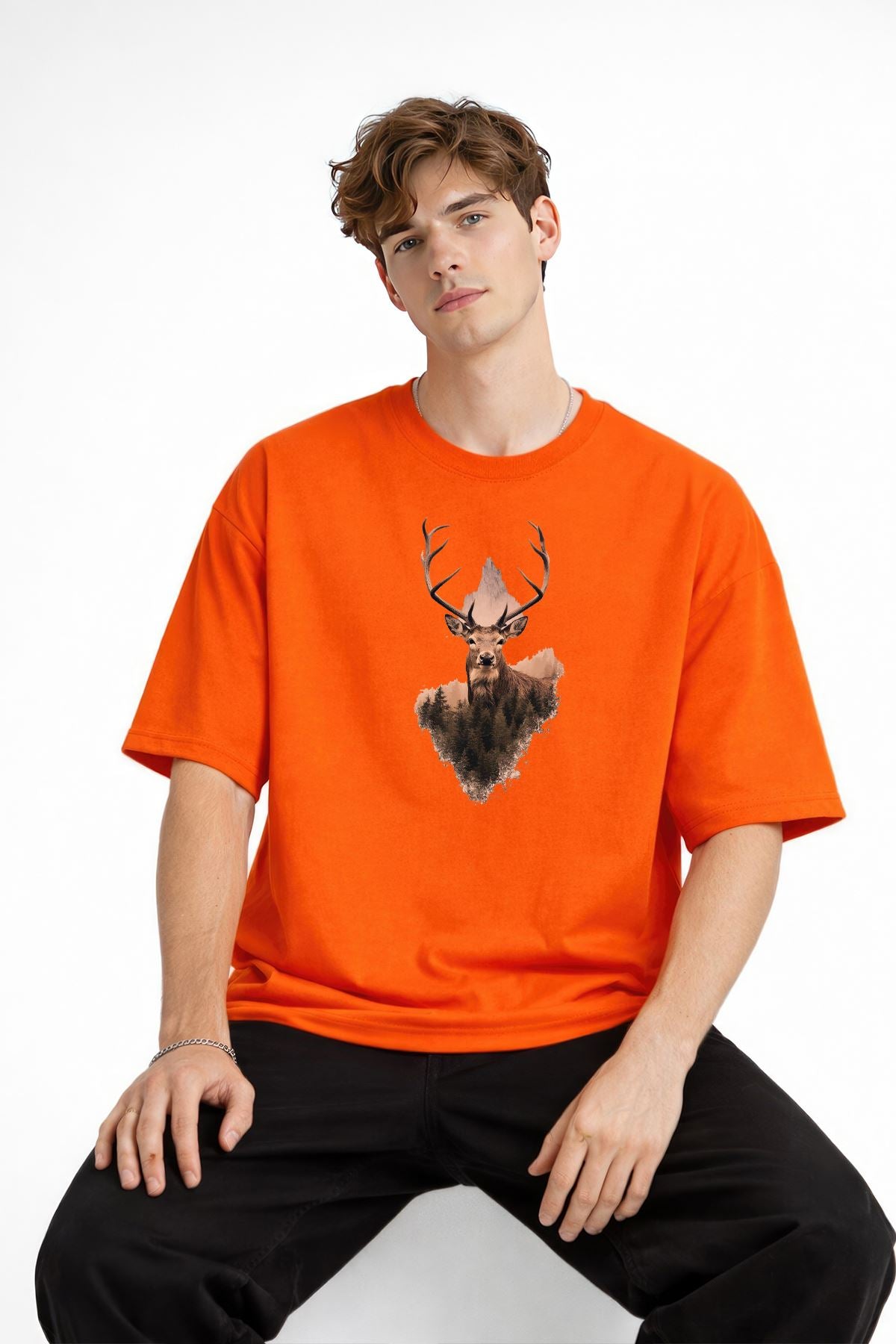 Deer Baskılı - Premium Kumaş Oversize Erkek Tişört Turuncu