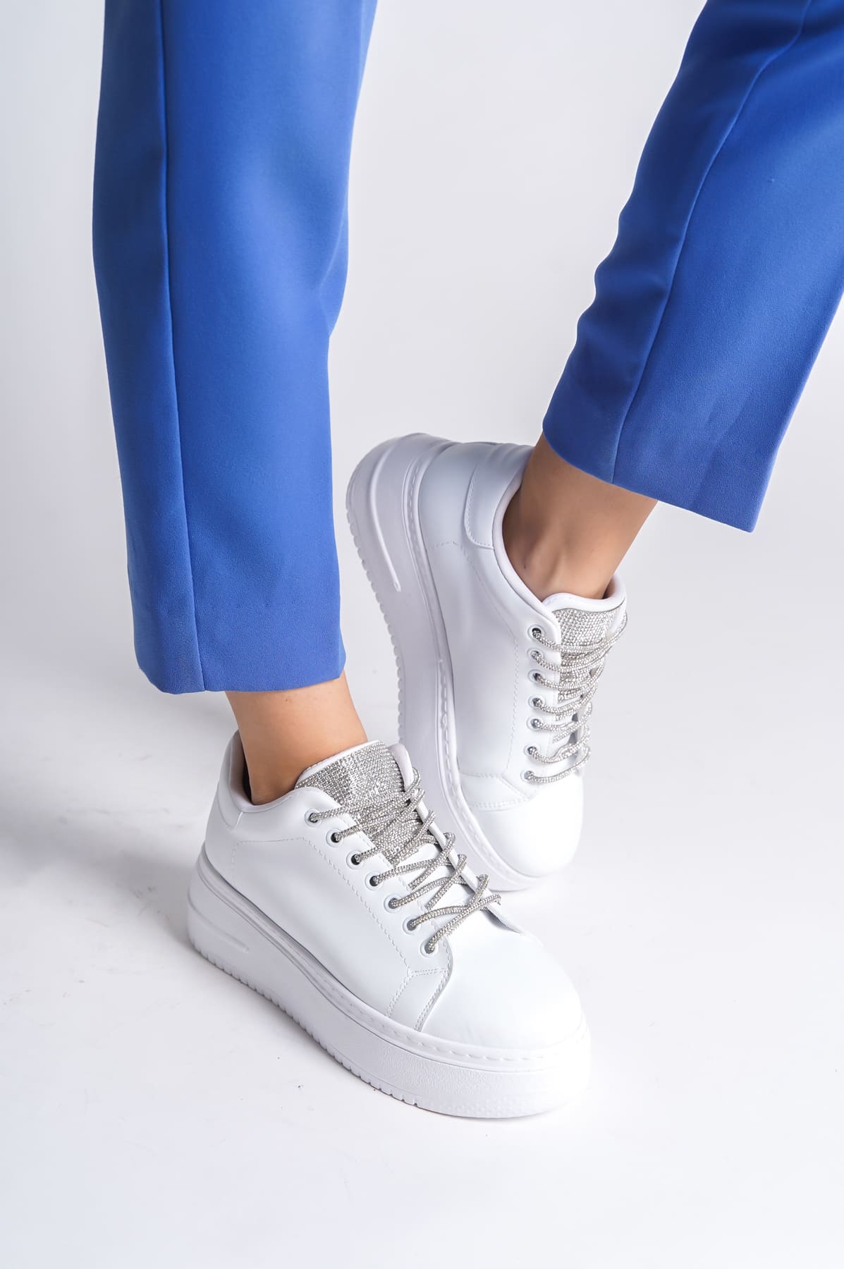 SoftFlex Lace-Up Stoned Orthopedic Women's Sneakers - White