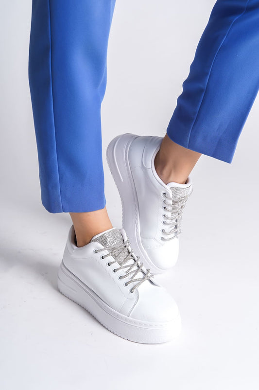SoftFlex Lace-Up Stoned Orthopedic Women's Sneakers - White