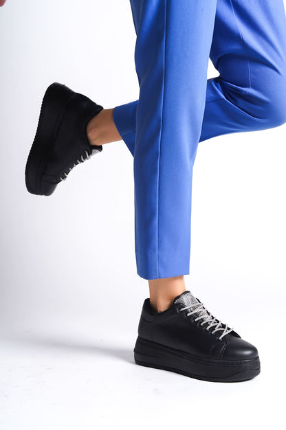 SoftFlex Lace-Up Stoned Orthopedic Women's Sneakers - Black