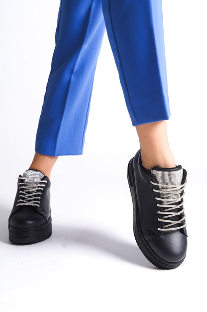 SoftFlex Lace-Up Stoned Orthopedic Women's Sneakers - Black