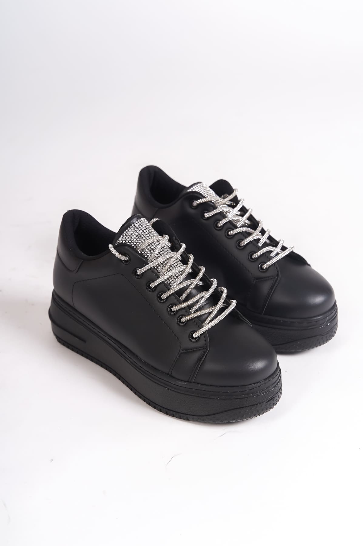 SoftFlex Lace-Up Stoned Orthopedic Women's Sneakers - Black